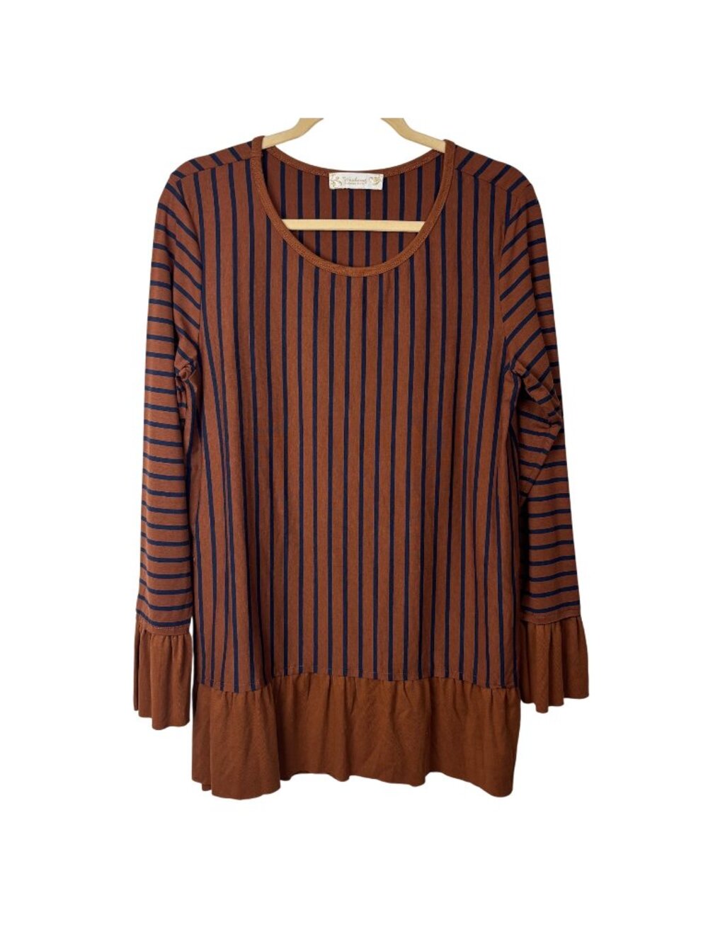 ✨3/$30 Weekend Suzanne Betro M Brown Blue Striped Ruffle Top Boho Artsy